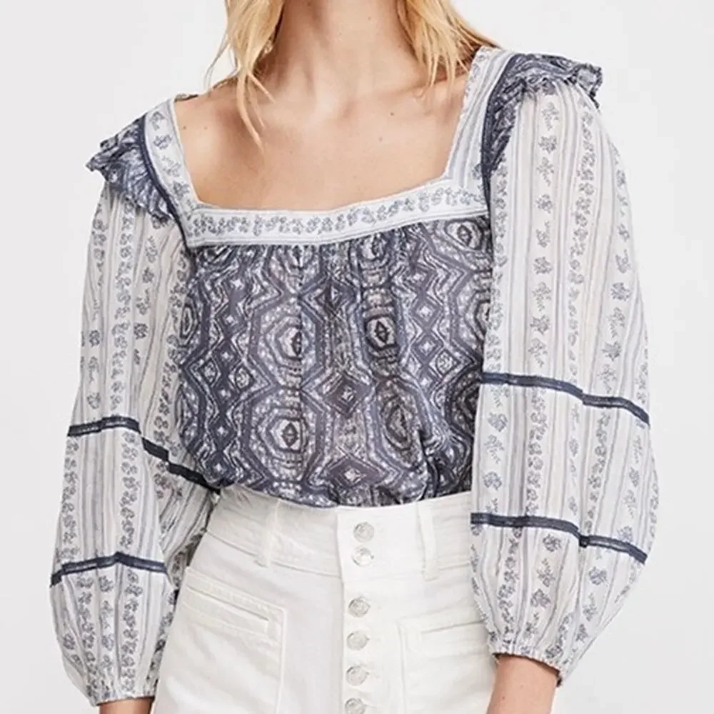 NWT Free People Mostly Meadow Blue Ivory Long Puff Sleeve Square Neck Top Size L